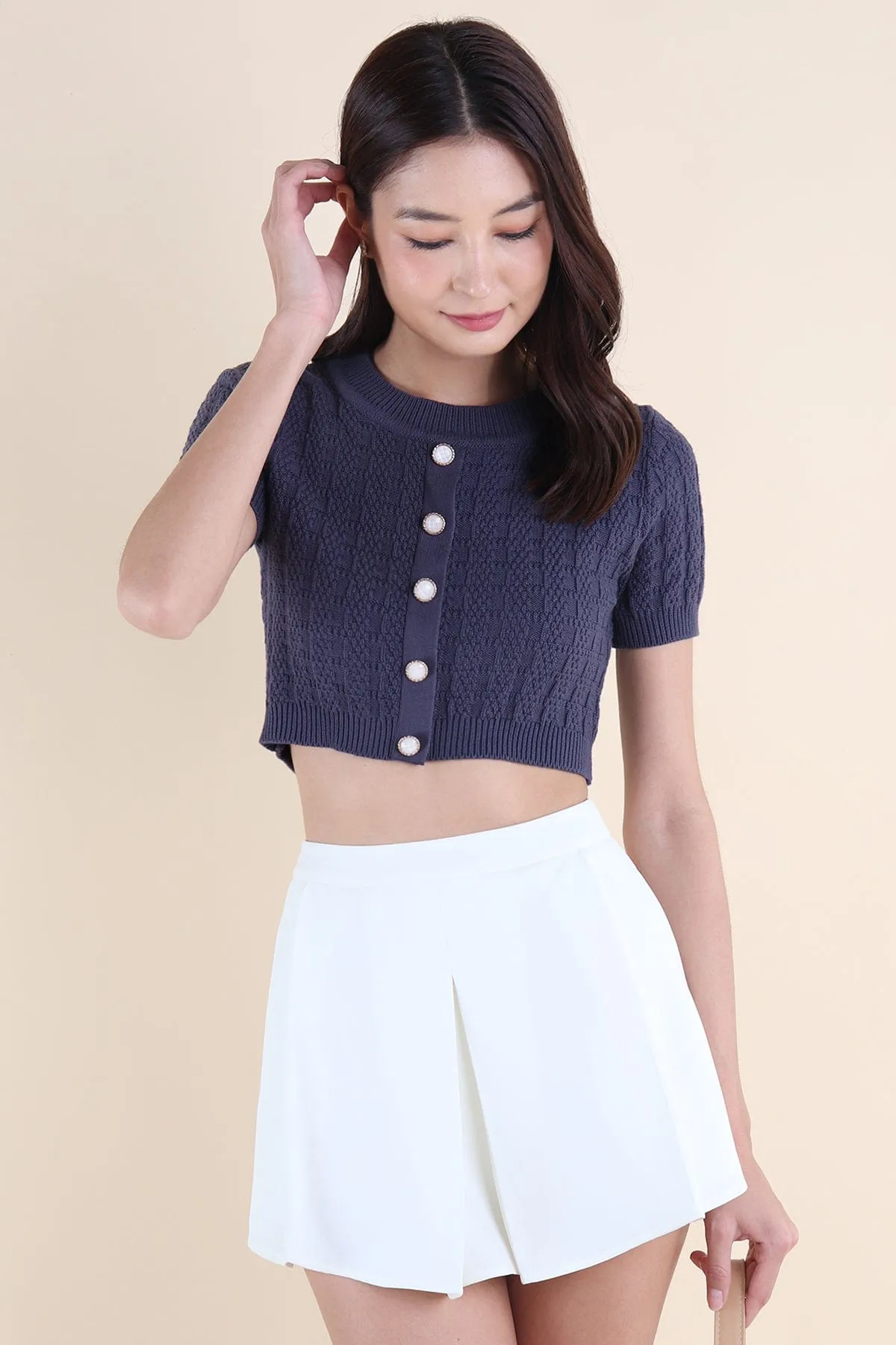 MEA SLEEVED KNIT TOP IN GUNMETAL NAVY