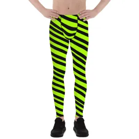 Neon Green Striped Men's Leggings, Diagonal Striped Colors Men's Leggings, Colorful Black Green Stripes Gym Tights For Men - Made in USA/EU/MX